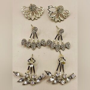 3 pair of post earrings with rhinestones and rhinestone backs. Silver tone. Glam